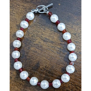 Handcrafted Faux Pearl Red Beaded Bracelet Womens Fashion Jewelry